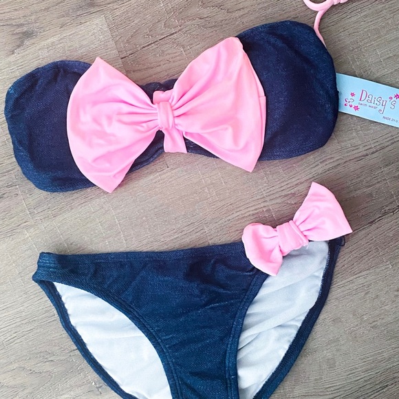 Blue Denim Print Bikini With Pink Bow🎀 - Picture 2 of 3